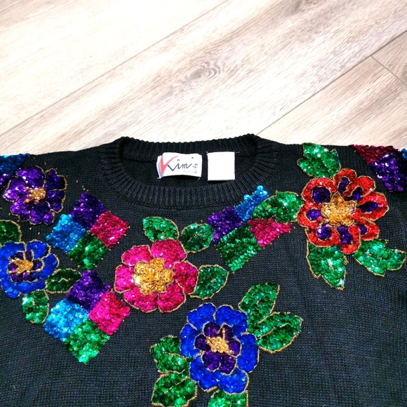 Vintage 80's Floral Embroidered Sequin Sweater - Picture 2 of 6